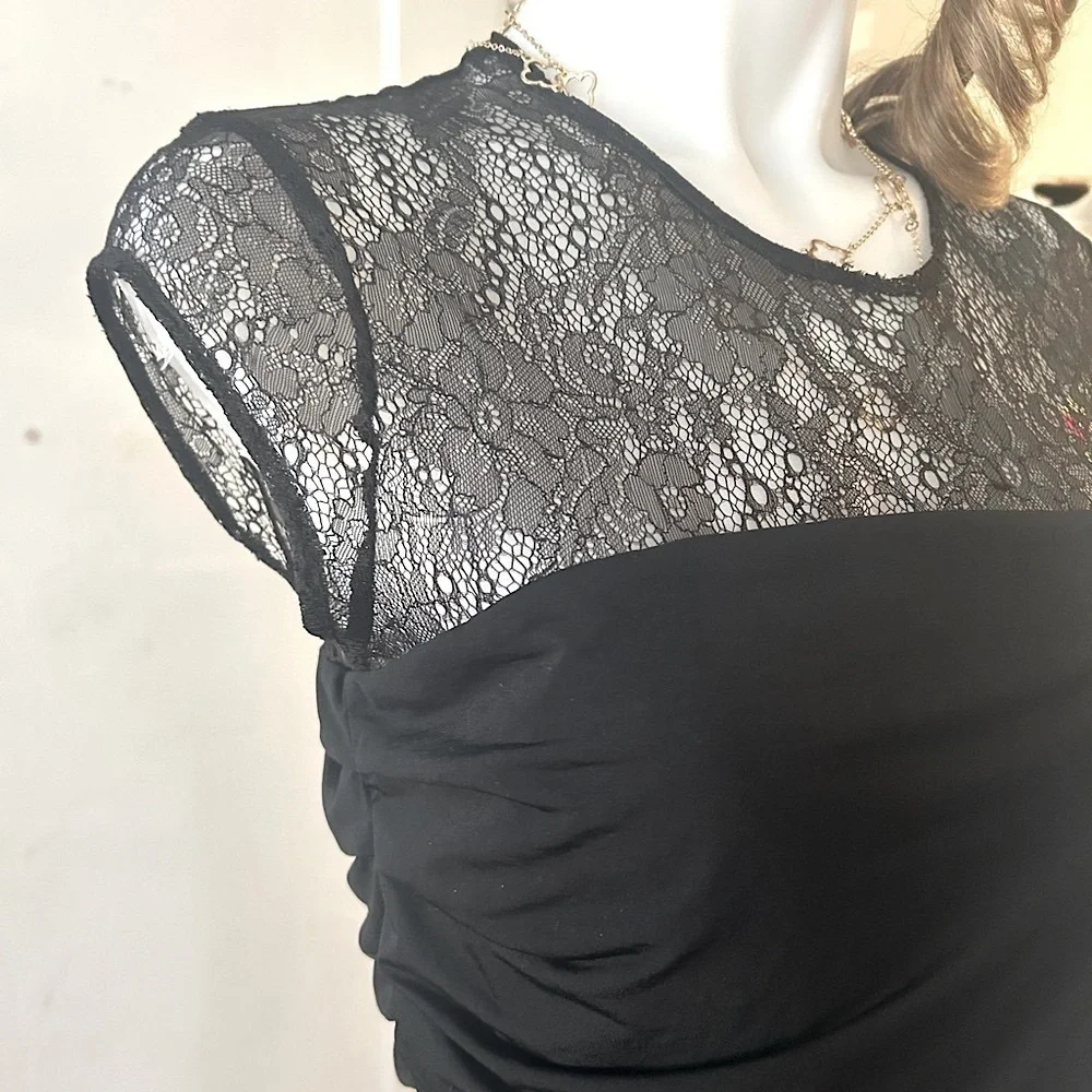 IRO Black Mini Dress Size Medium Crew Neck Cap Sleeve Lace Trim